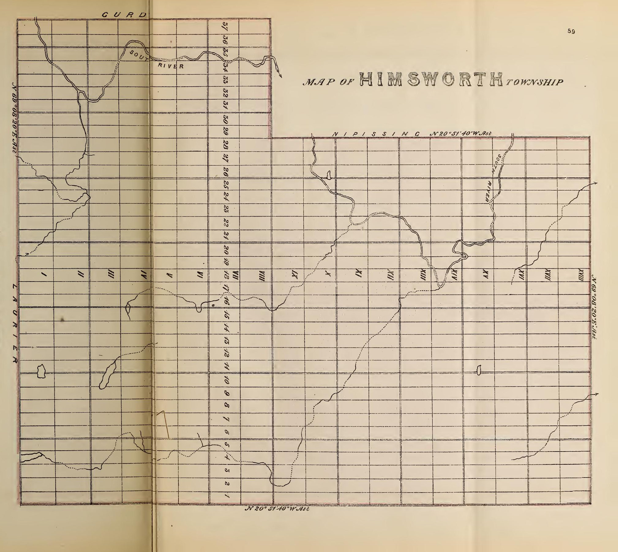 Historical map showing Concessions and Lots for himsworth Township