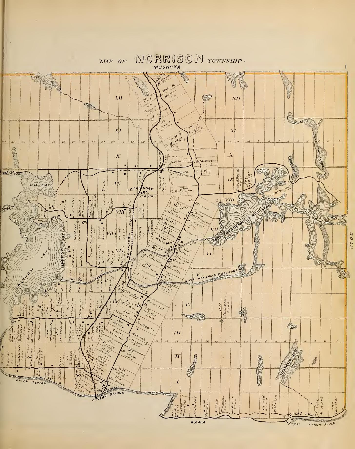 Historical map showing Concessions and Lots for Morrison Township