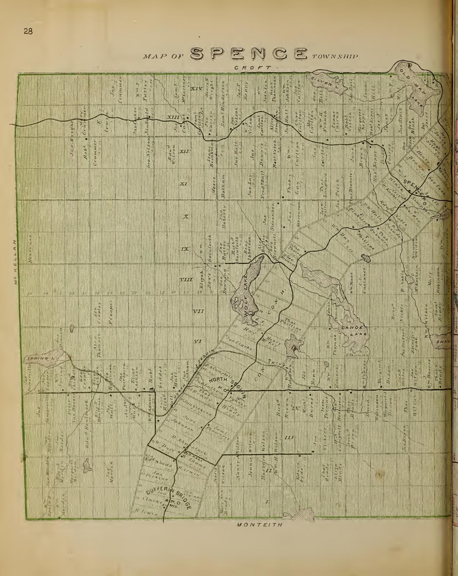 Historical map showing Concessions and Lots for spence